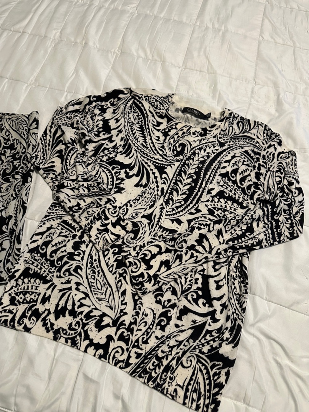 Lauren Ralph Lauren Black and Cream Paisley Long Sleeve Top